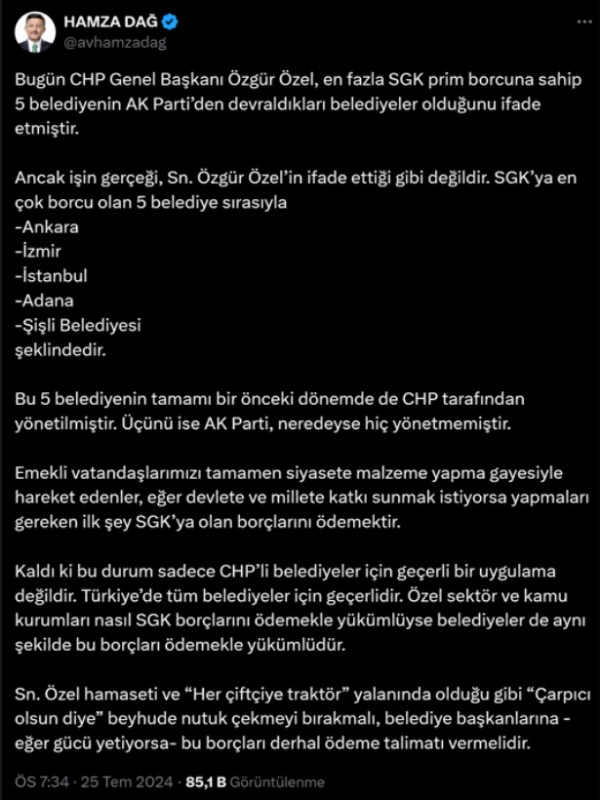 AK Partili Hamza Dağ'dan Özgür Özel'e 'SGK' yanıtı: En borçlu beş belediyeyi bir önceki dönem de CHP yönetti